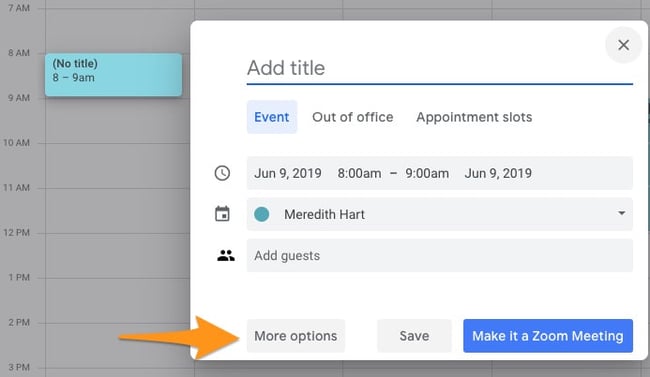 Create a new meeting in Google Calendar using the "create" button